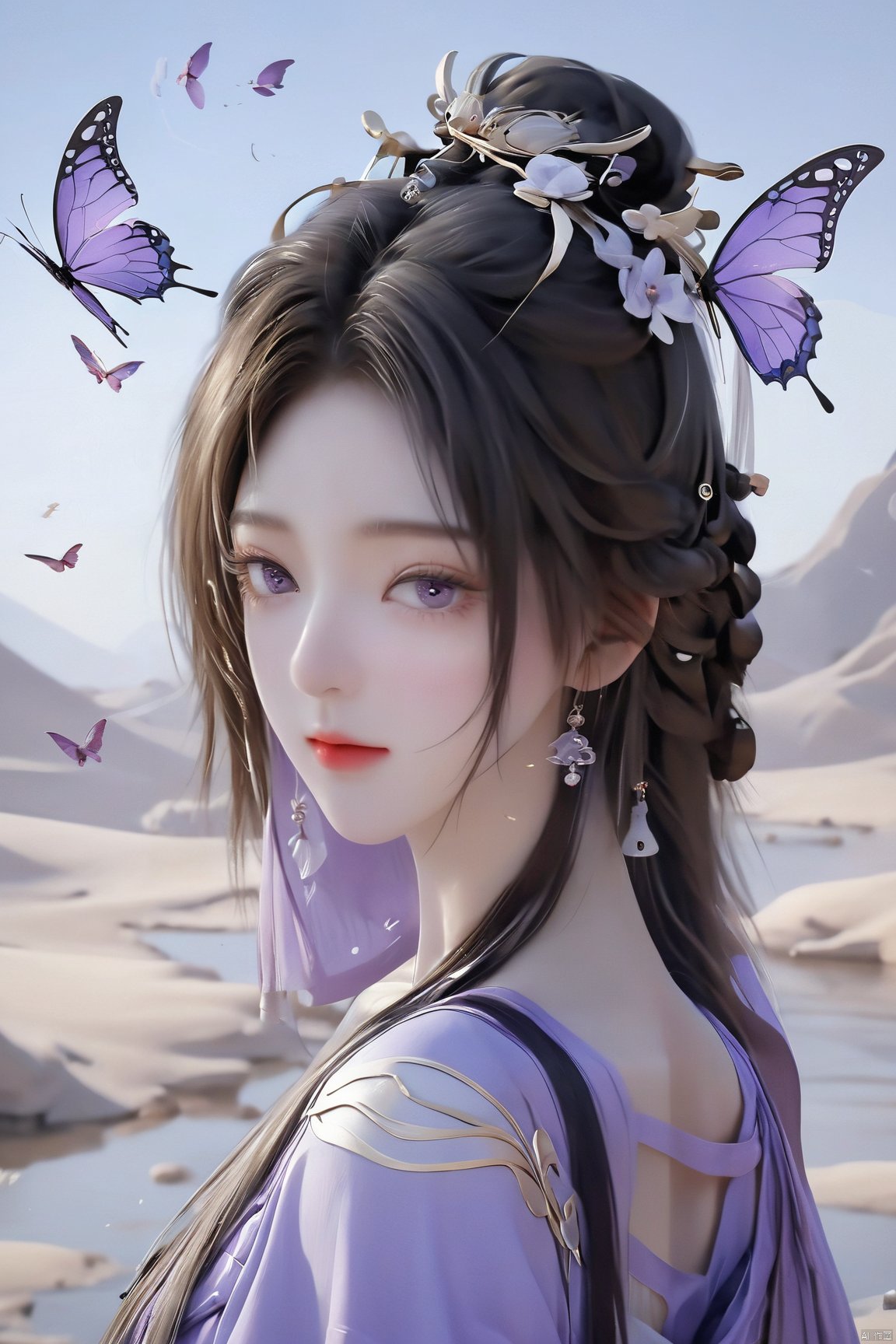  upper_body,macro range,,a girl,mouth gauze,purple eyes, X-ziling, NaGongWan, Water_butterfly, desert_sky, song_hanfu