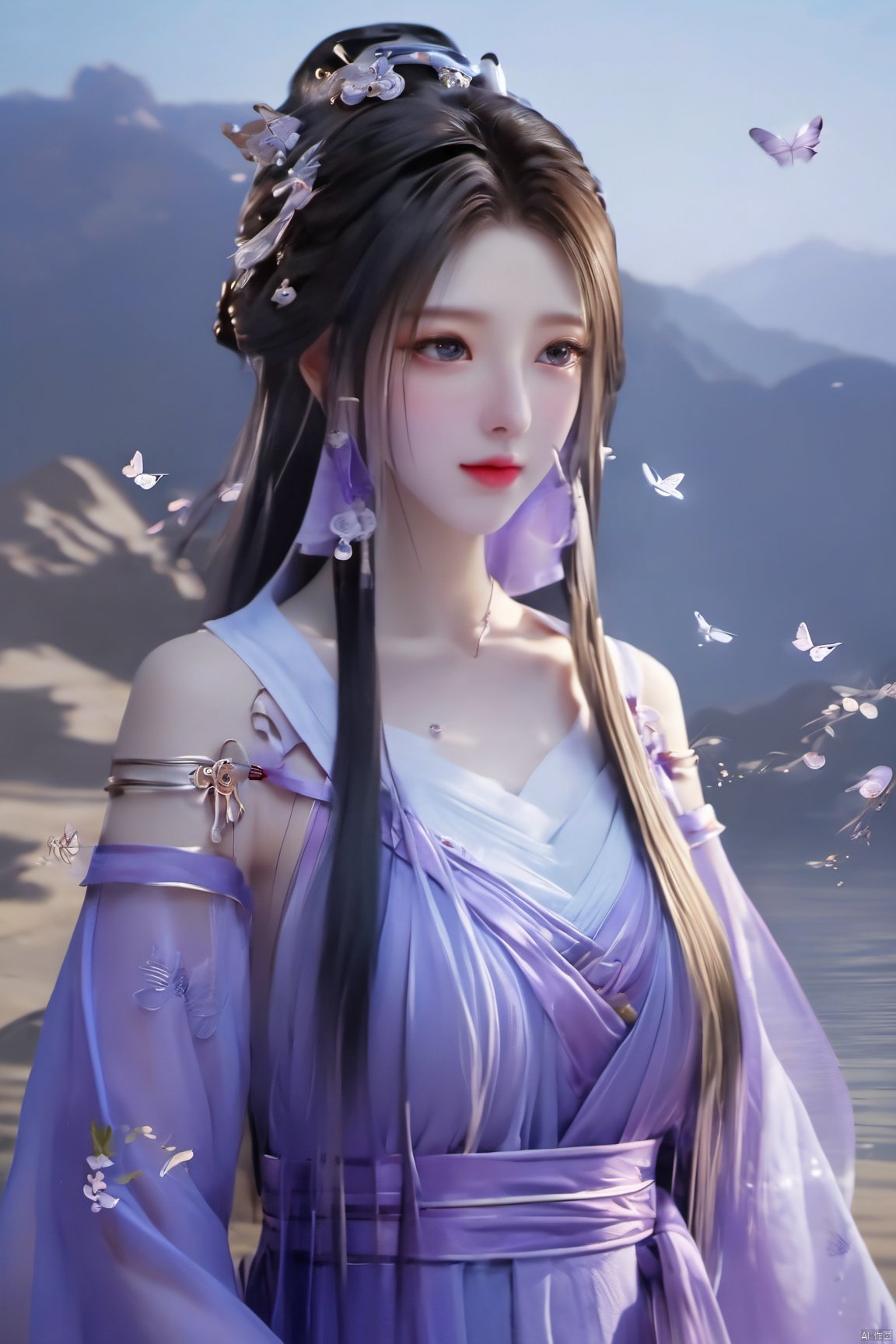  upper_body,macro range,,a girl,mouth gauze,purple eyes, X-ziling, NaGongWan, Water_butterfly, desert_sky, song_hanfu