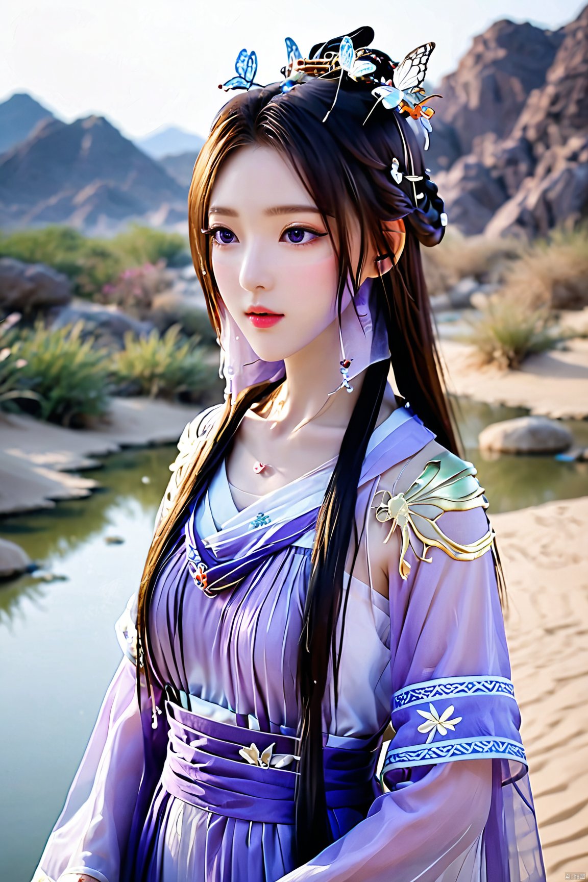  upper_body,macro range,,a girl,mouth gauze,purple eyes, X-ziling, NaGongWan, Water_butterfly, desert_sky, song_hanfu