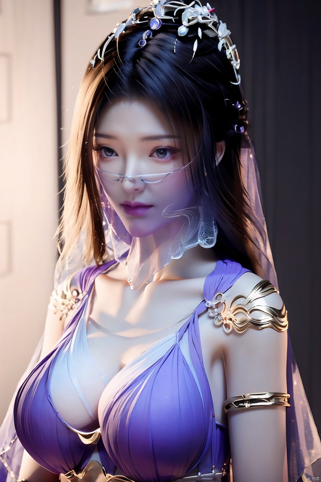 best quality,masterpiece,1girl,solo,long hair,looking at viewer,jewelry,closed mouth,purple eyes,(Purple Veil:1.23),purple hair,(big breasts:1.399), ziling_xianzi