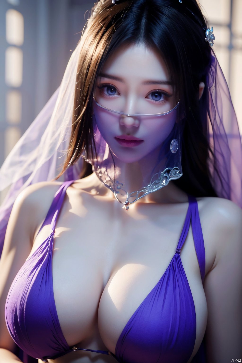 best quality,masterpiece,1girl,solo,long hair,looking at viewer,jewelry,closed mouth,purple eyes,(Purple Veil),purple hair,(big breasts:1.399), ziling_xianzi