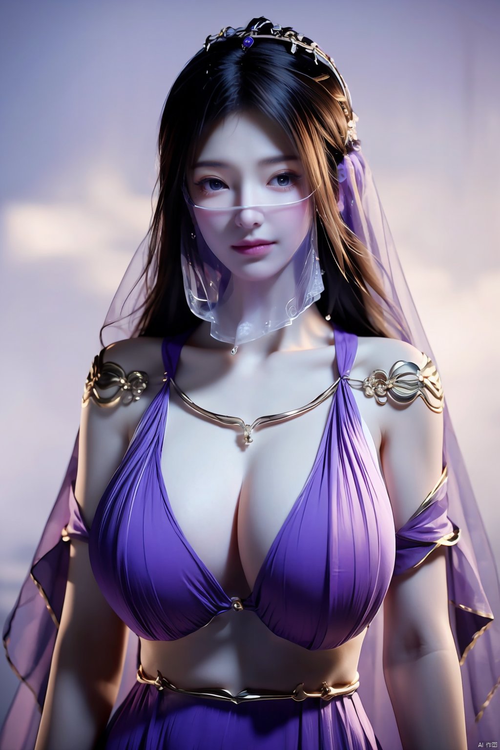 best quality,masterpiece,1girl,solo,long hair,looking at viewer,jewelry,closed mouth,purple eyes,(Purple Veil:1.23),purple hair,(big breasts:1.399), ziling_xianzi