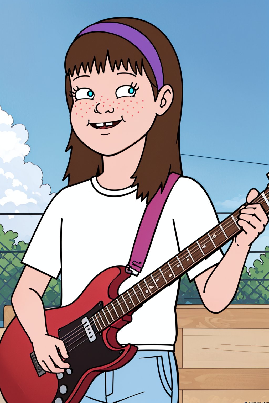 sarah_lynn,1girl,solo,white shirt,short sleeves,blue pants,playing gitar,elctric gitar,,hairband,purple hairband,freckles,brown hair,long hair,blue eyes,blue sky, ,buck teeth,looking at viewer,masterpiece,best quality