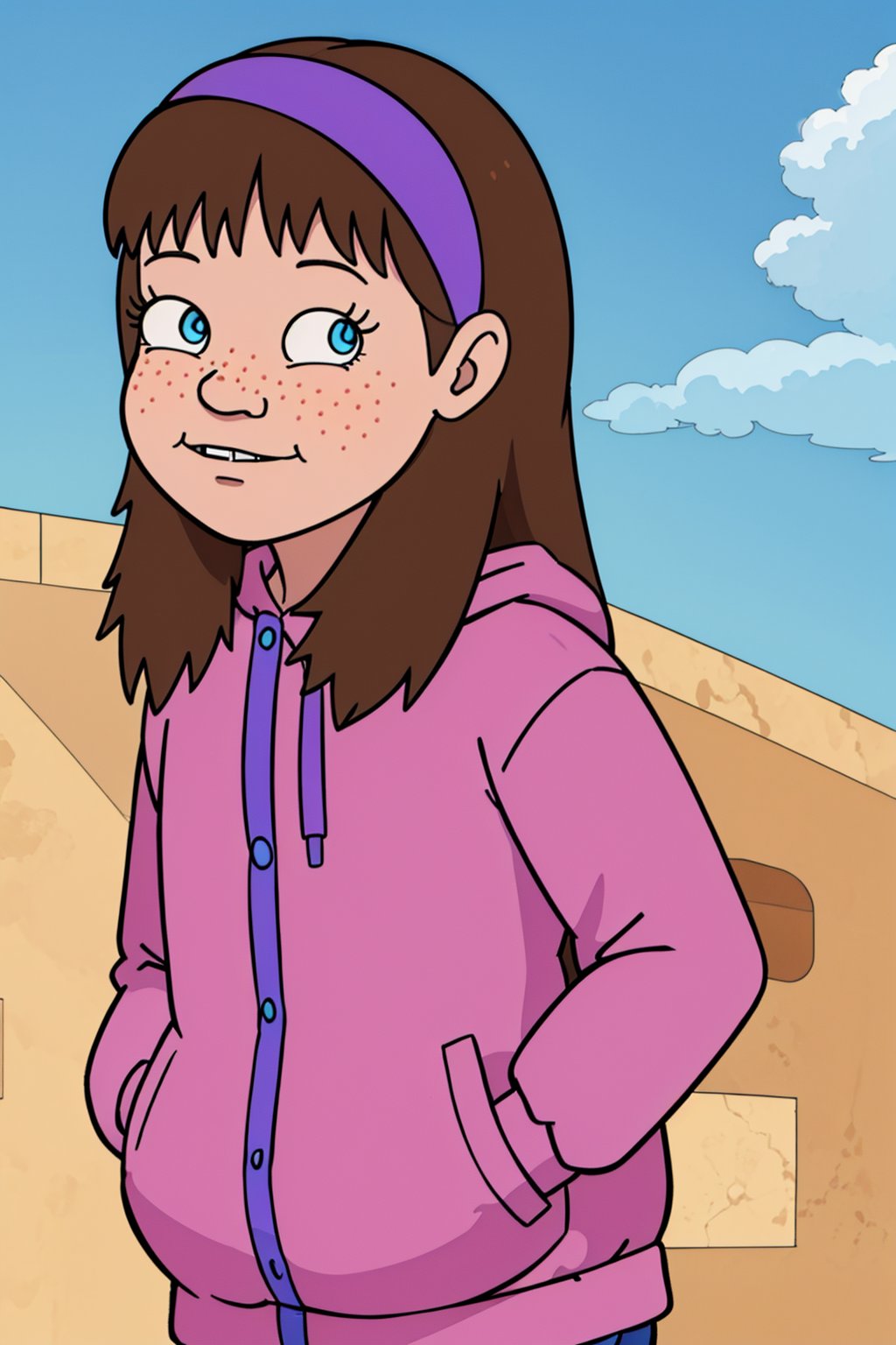 sarah_lynn,1girl,solo,hairband,purple hairband,freckles,brown hair,long hair,blue eyes,pink hoddie,hands in pockets,blue sky, looking at viewer,masterpiece,best quality