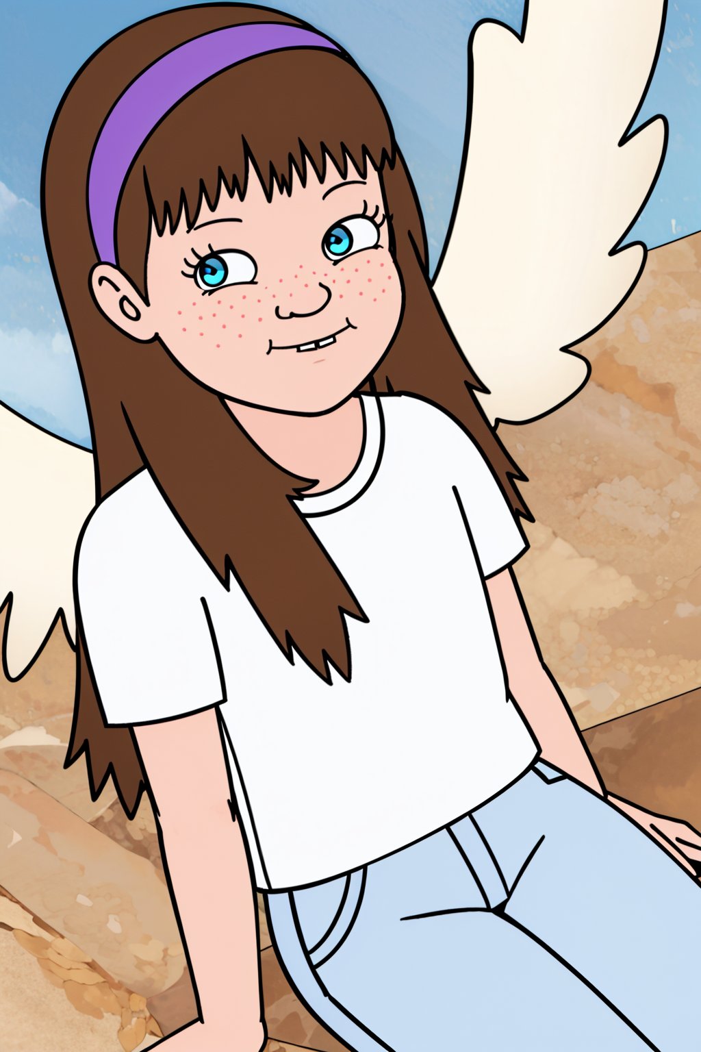 sarah_lynn,1girl,solo,hairband,purple hairband,freckles,brown hair,long hair,blue eyes,white shirt,blue pants,angel wings,blue sky, looking at viewer,masterpiece,best quality