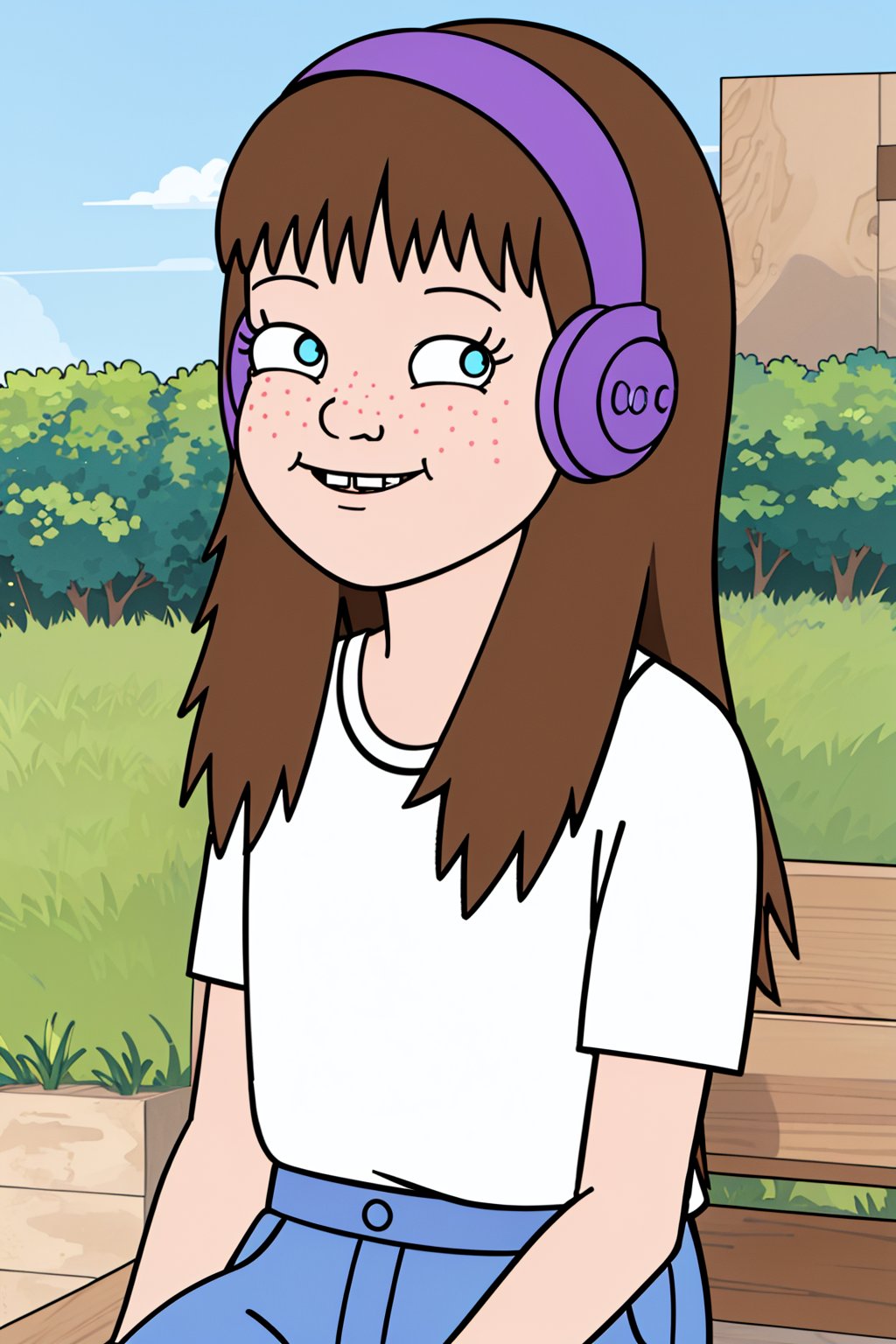 sarah_lynn,1girl,solo,headphones,listening,musıc,hairbandwhite shirt,blue pants,purple hairband,freckles,brown hair,long hair,blue eyes,blue sky, ,buck teeth,looking at viewer,masterpiece,best quality