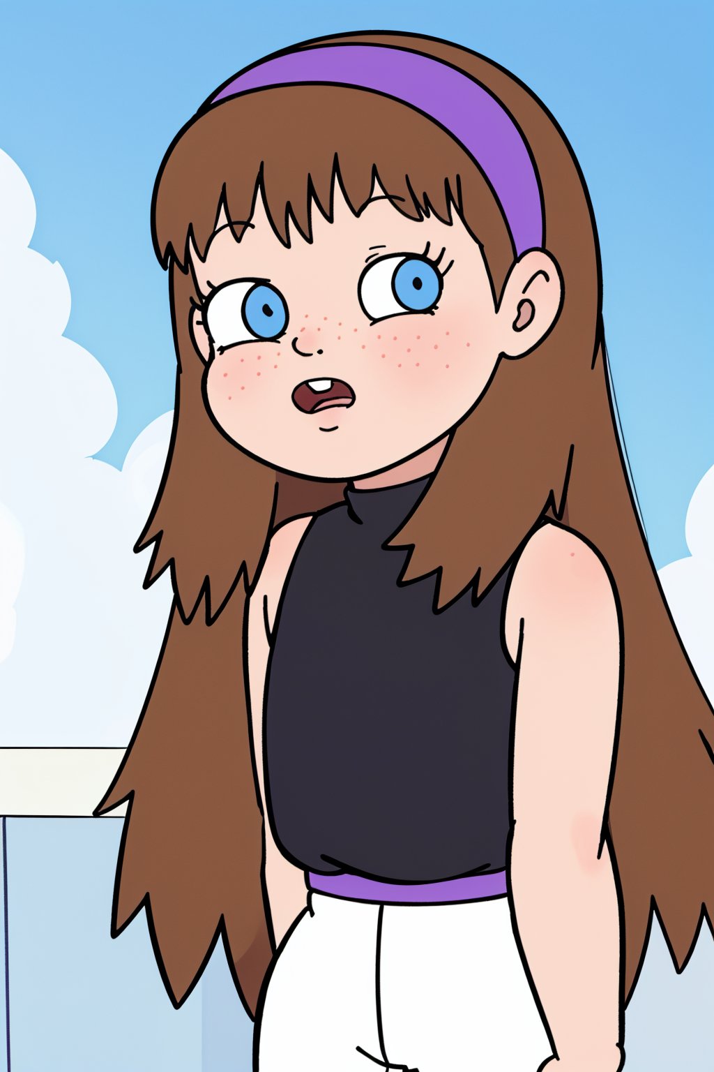 sarah_lynn,1girl,solo,black dress,white pants,hairband,purple hairband,freckles,brown hair,long hair,blue eyes,blue sky, ,buck teeth,looking at viewer,masterpiece,best quality