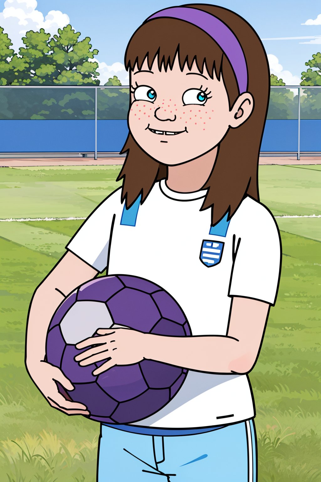 sarah_lynn,1girl,solo,soccer ball, ball, closed mouth,holding,soccer,holding ball,soccer field, grass, soccer goal,white shirt,short sleeves,blue pants,hairband,purple hairband,freckles,brown hair,long hair,blue eyes,blue sky, ,buck teeth,looking at viewer,masterpiece,best quality