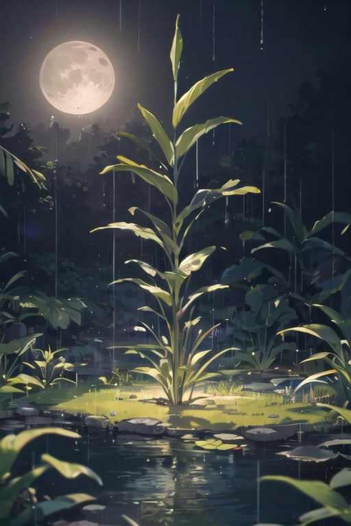 Create a captivating and enchanting scene featuring a plant in the rain under the moonlight. Develop a series of artworks with meticulous attention to detail,  ensuring high-resolution visuals ranging from 4k to 8k for an immersive experience. Aim for a masterpiece quality (aspect ratio: 1.2) that evokes the unique beauty of the plant,  rain,  and moonlit atmosphere.Visualize the plant gracefully interacting with raindrops under the soft glow of the moon. Craft each scene to highlight the different nuances of this magical environment—perhaps the rain sparkles as it falls,  and the plant's leaves glisten with droplets. Consider portraying the plant in various stages,  from gentle drizzles to more intense rainfall.Detail the moonlit sky with the celestial glow casting shadows and reflections. Convey a sense of tranquility,  magic,  and natural harmony in each artwork. Experiment with different perspectives,  showcasing the plant's interaction with rain under the captivating moonlight.Ensure each piece in the series captures a unique aspect of this enchanting scene,  celebrating the dance between the plant,  rain,  and moon in a visually stunning and emotionally resonant way.,,,ELF