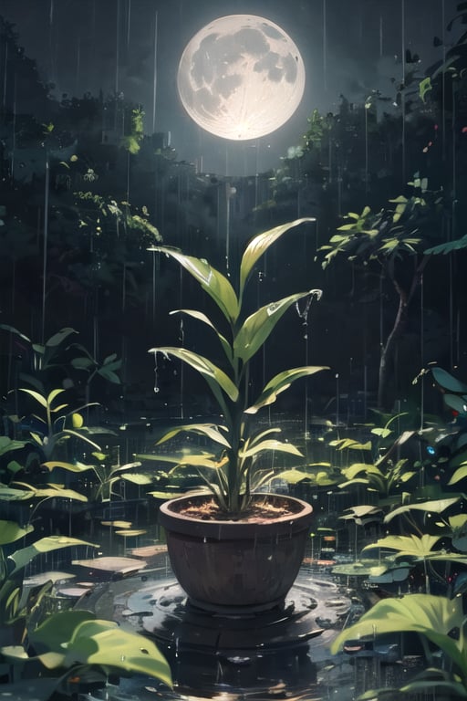 Create a captivating and enchanting scene featuring a plant in the rain under the moonlight. Develop a series of artworks with meticulous attention to detail,  ensuring high-resolution visuals ranging from 4k to 8k for an immersive experience. Aim for a masterpiece quality (aspect ratio: 1.2) that evokes the unique beauty of the plant,  rain,  and moonlit atmosphere.Visualize the plant gracefully interacting with raindrops under the soft glow of the moon. Craft each scene to highlight the different nuances of this magical environment—perhaps the rain sparkles as it falls,  and the plant's leaves glisten with droplets. Consider portraying the plant in various stages,  from gentle drizzles to more intense rainfall.Detail the moonlit sky with the celestial glow casting shadows and reflections. Convey a sense of tranquility,  magic,  and natural harmony in each artwork. Experiment with different perspectives,  showcasing the plant's interaction with rain under the captivating moonlight.Ensure each piece in the series captures a unique aspect of this enchanting scene,  celebrating the dance between the plant,  rain,  and moon in a visually stunning and emotionally resonant way.,,,ELF