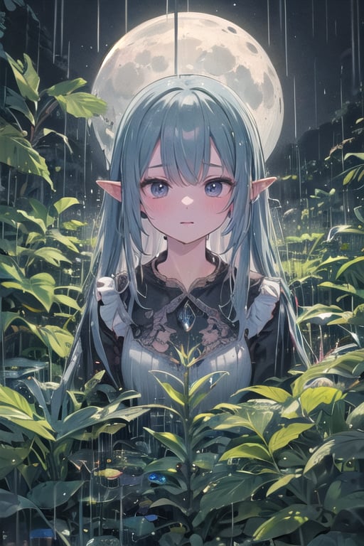 Create a captivating and enchanting scene featuring a plant in the rain under the moonlight. Develop a series of artworks with meticulous attention to detail,  ensuring high-resolution visuals ranging from 4k to 8k for an immersive experience. Aim for a masterpiece quality (aspect ratio: 1.2) that evokes the unique beauty of the plant,  rain,  and moonlit atmosphere.Visualize the plant gracefully interacting with raindrops under the soft glow of the moon. Craft each scene to highlight the different nuances of this magical environment—perhaps the rain sparkles as it falls,  and the plant's leaves glisten with droplets. Consider portraying the plant in various stages,  from gentle drizzles to more intense rainfall.Detail the moonlit sky with the celestial glow casting shadows and reflections. Convey a sense of tranquility,  magic,  and natural harmony in each artwork. Experiment with different perspectives,  showcasing the plant's interaction with rain under the captivating moonlight.Ensure each piece in the series captures a unique aspect of this enchanting scene,  celebrating the dance between the plant,  rain,  and moon in a visually stunning and emotionally resonant way.,,,ELF