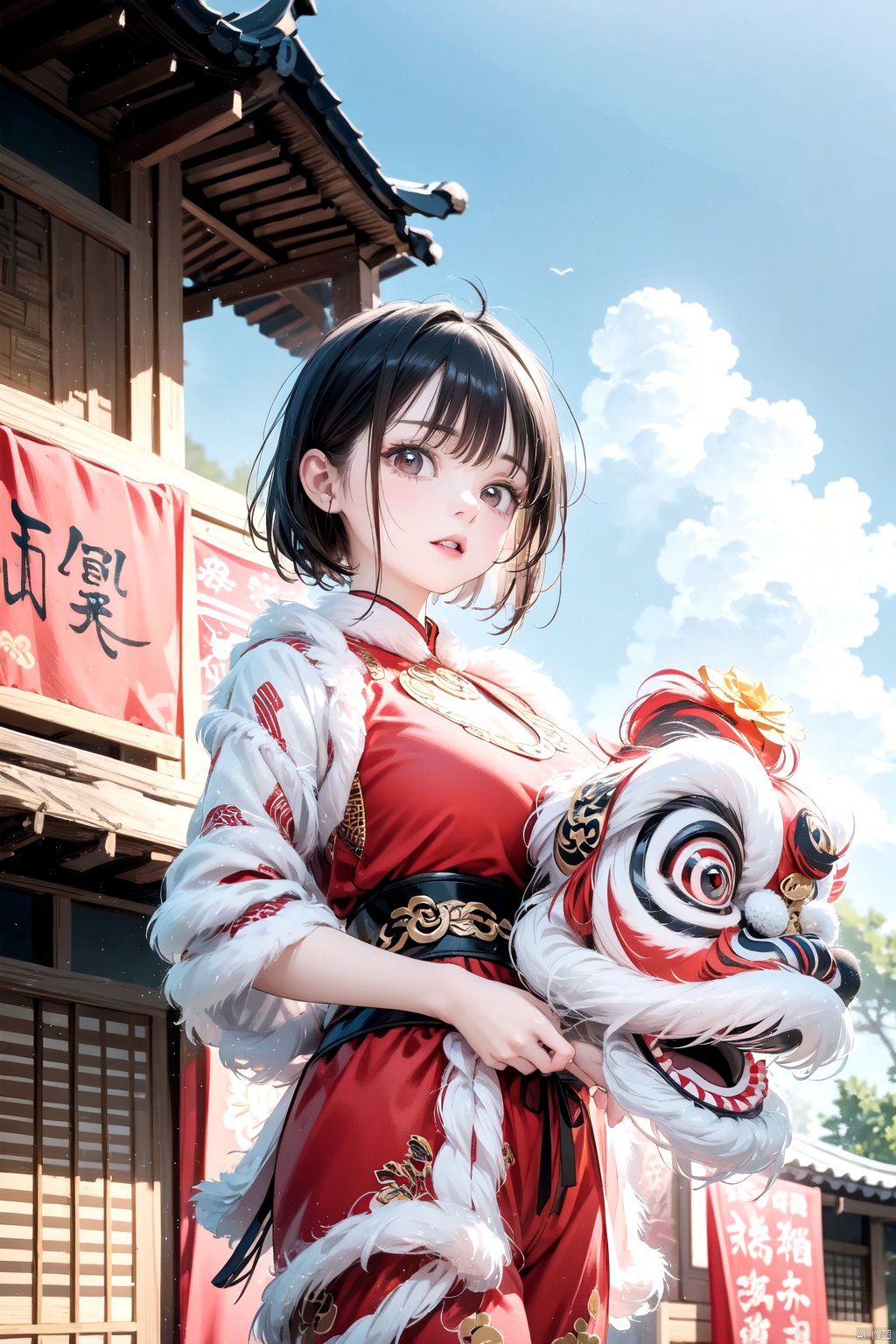 best quality,masterpiece,highres,1girl,long hair,looking at viewer,short hair,bangs,black hair,holding,brown eyes,outdoors,sky,day,cloud,east asian architecture,lion dance,nanshi,