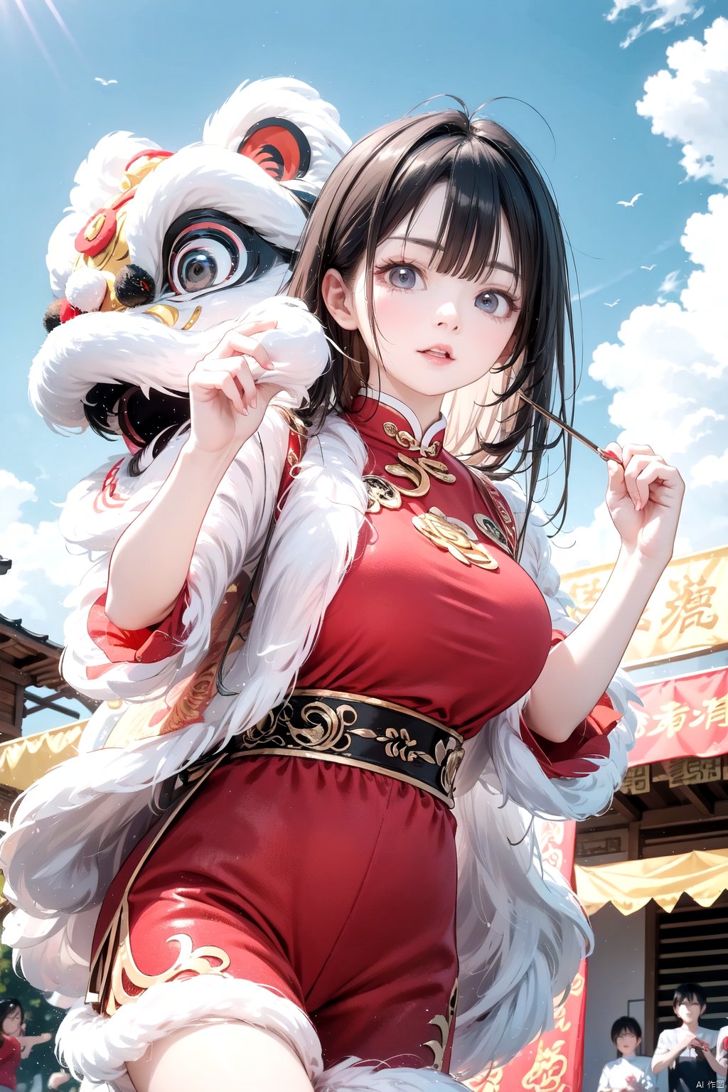 best quality,masterpiece,highres,1girl,long hair,looking at viewer,bangs,black hair,brown eyes,outdoors,sky,cloud,lion dance,nanshi,