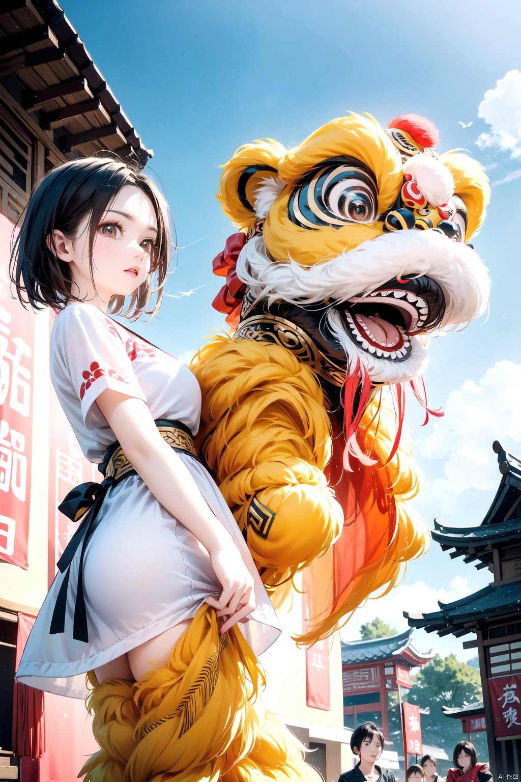 best quality,masterpiece,highres,1girl,long hair,looking at viewer,short hair,bangs,black hair,holding,brown eyes,outdoors,sky,day,cloud,east asian architecture,lion dance,nanshi,