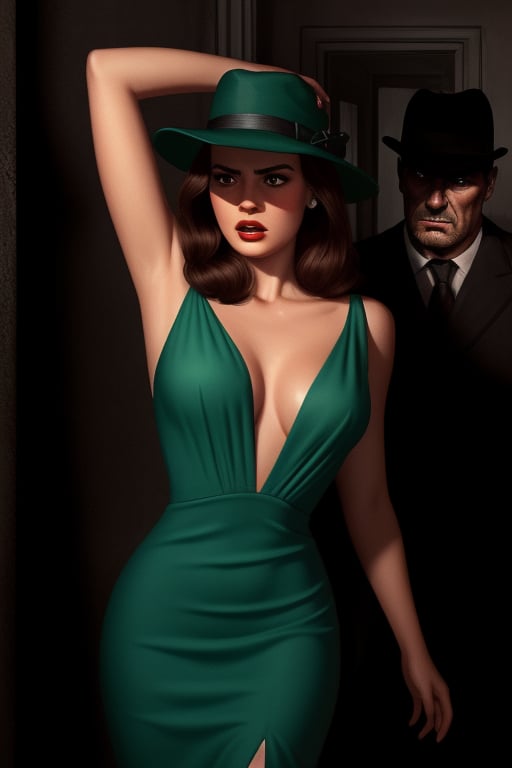 pulp style igirl, in dark allew, green dress, scared by man with hat, dramatic lighting