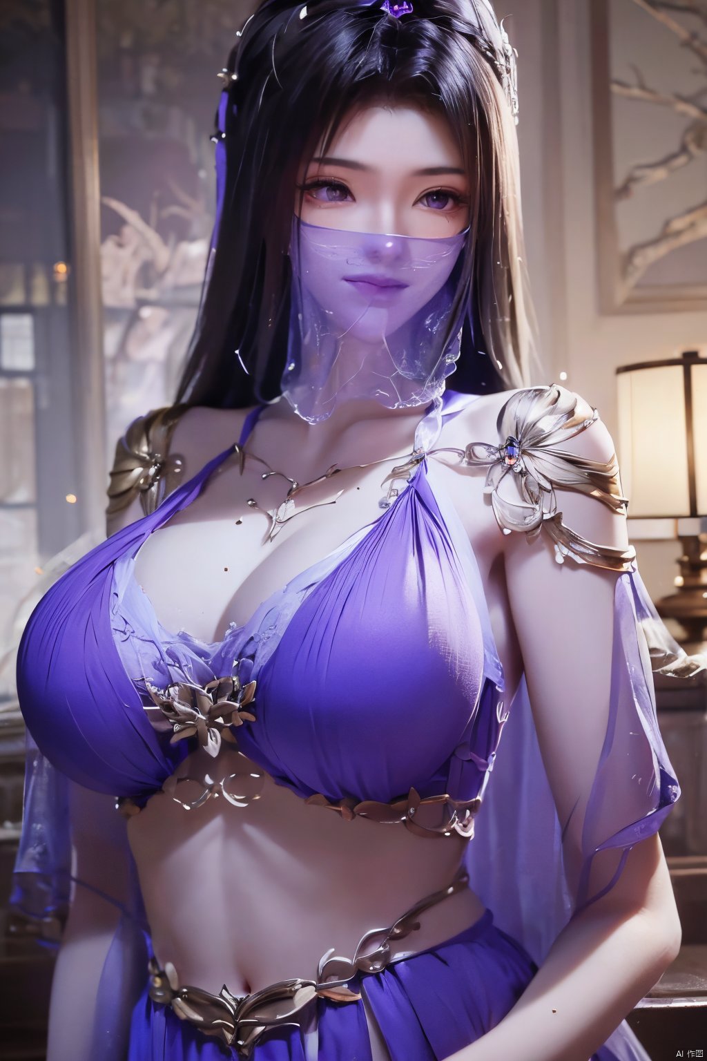 ,a girl,mouth gauze,purple eyes, X-ziling,(big breasts:1.19),