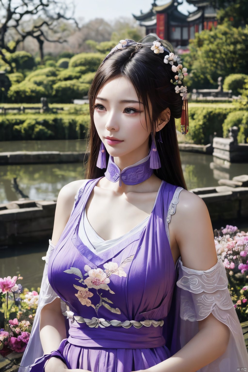 best quality,masterpiece,a girl,mouth gauze,purple eyes, X-ziling,(big breasts),,(Ancient Chinese architecture, Suzhou gardens, gardens full of flowers:1.3),