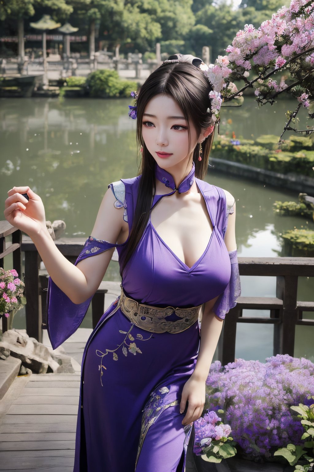 best quality,masterpiece,a girl,mouth gauze,purple eyes, X-ziling,(big breasts),,(Ancient Chinese architecture, Suzhou gardens, gardens full of flowers:1.3),