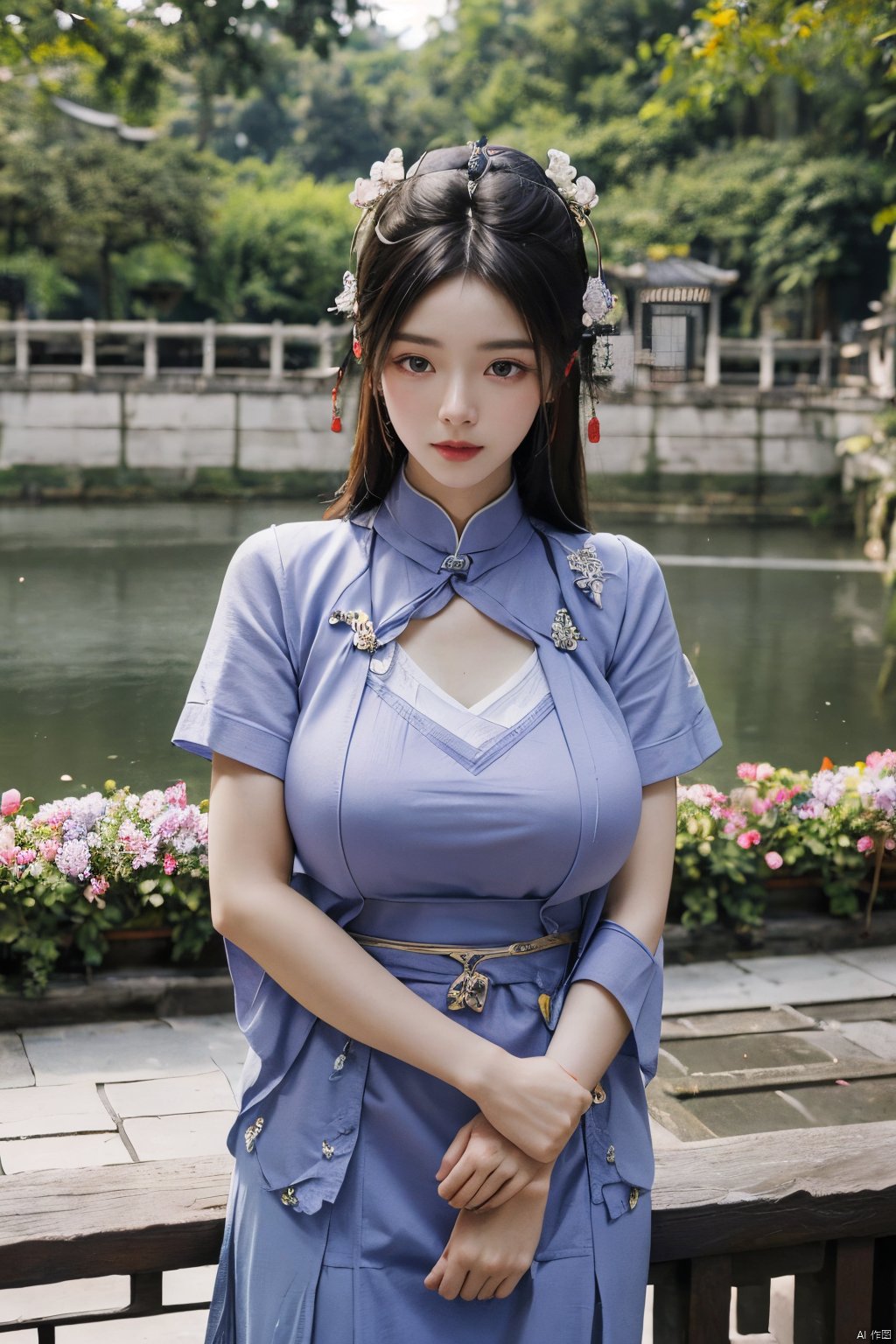 best quality,masterpiece,a girl,mouth gauze,purple eyes, (X-ziling),(big breasts:1.23),,(Ancient Chinese architecture, Suzhou gardens, gardens full of flowers:1.3),