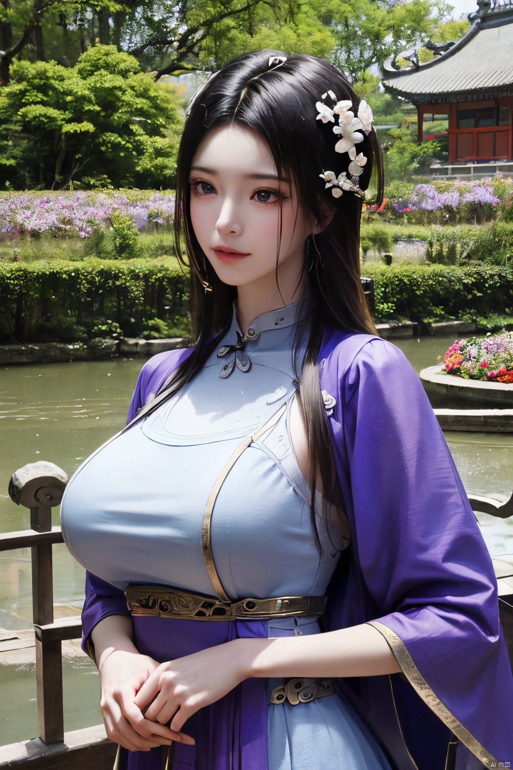 best quality,masterpiece,a girl,mouth gauze,purple eyes, (X-ziling),(big breasts:1.23),,(Ancient Chinese architecture, Suzhou gardens, gardens full of flowers:1.3),