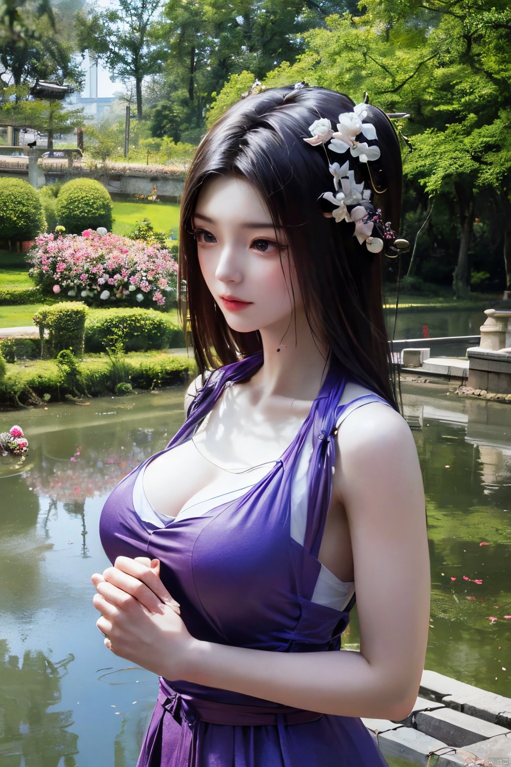 best quality,masterpiece,a girl,mouth gauze,purple eyes, (X-ziling),(big breasts:1.23),,(Ancient Chinese architecture, Suzhou gardens, gardens full of flowers:1.3),