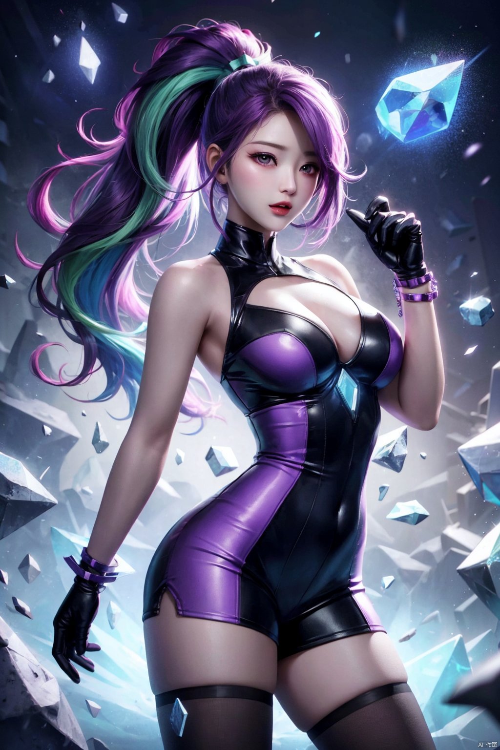 1girl, solo, long hair, breasts, looking at viewer, black hair, thighhighs, gloves, very long hair, purple eyes, ponytail, purple hair, multicolored hair, crystal, k/da \(league of legends\), akali