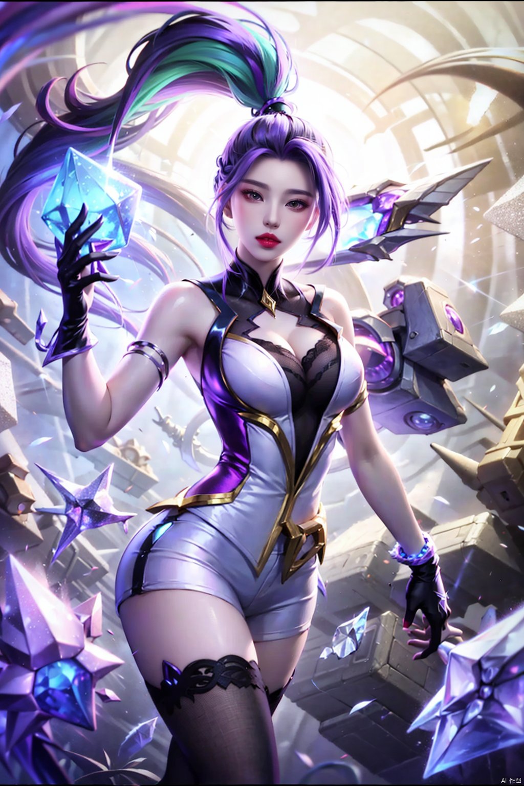 1girl, solo, long hair, breasts, looking at viewer, black hair, thighhighs, gloves, very long hair, purple eyes, ponytail, purple hair, multicolored hair, crystal, k/da \(league of legends\), akali