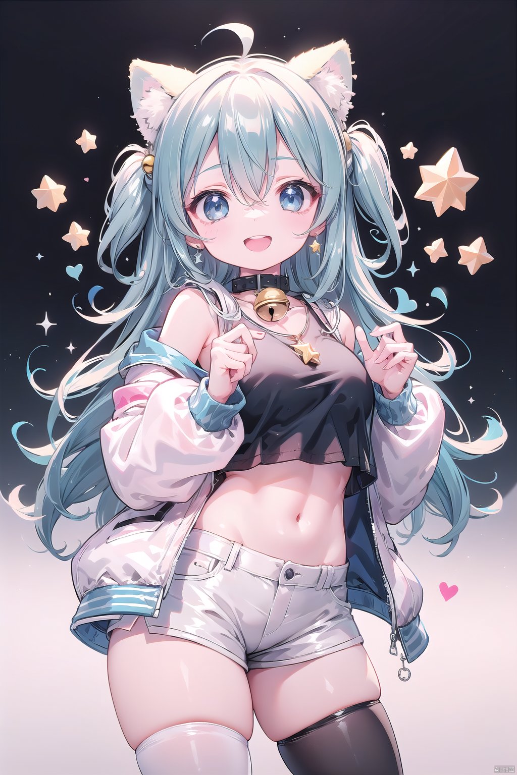 1girl, animal ears, bell, black thighhighs, blue eyes, blue hair, collar, collarbone, crop top, drawer, hair between eyes, heart, jacket, jewelry, jingle bell, long hair, long sleeves, looking at viewer, neck bell, necklace, one side up, open clothes, open jacket, open shorts, puffy long sleeves, puffy sleeves, red collar, short shorts, shorts, sleeveless, sleeveless jacket, smile, star (symbol), star necklace, thighhighs, transparent, upper teeth only, very long hair, white jacket, white shorts, sparkle