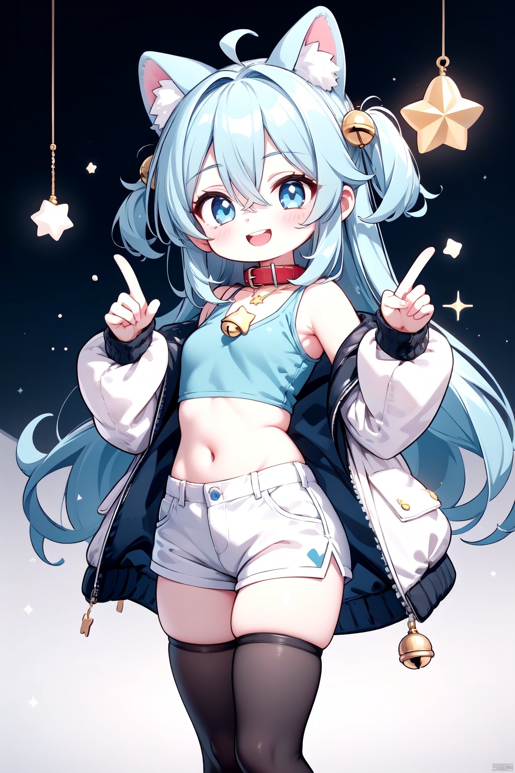 1girl, animal ears, bell, black thighhighs, blue eyes, blue hair, collar, collarbone, crop top, drawer, hair between eyes, heart, jacket, jewelry, jingle bell, long hair, long sleeves, looking at viewer, neck bell, necklace, one side up, open clothes, open jacket, open shorts, puffy long sleeves, puffy sleeves, red collar, short shorts, shorts, sleeveless, sleeveless jacket, smile, star (symbol), star necklace, thighhighs, transparent, upper teeth only, very long hair, white jacket, white shorts, sparkle