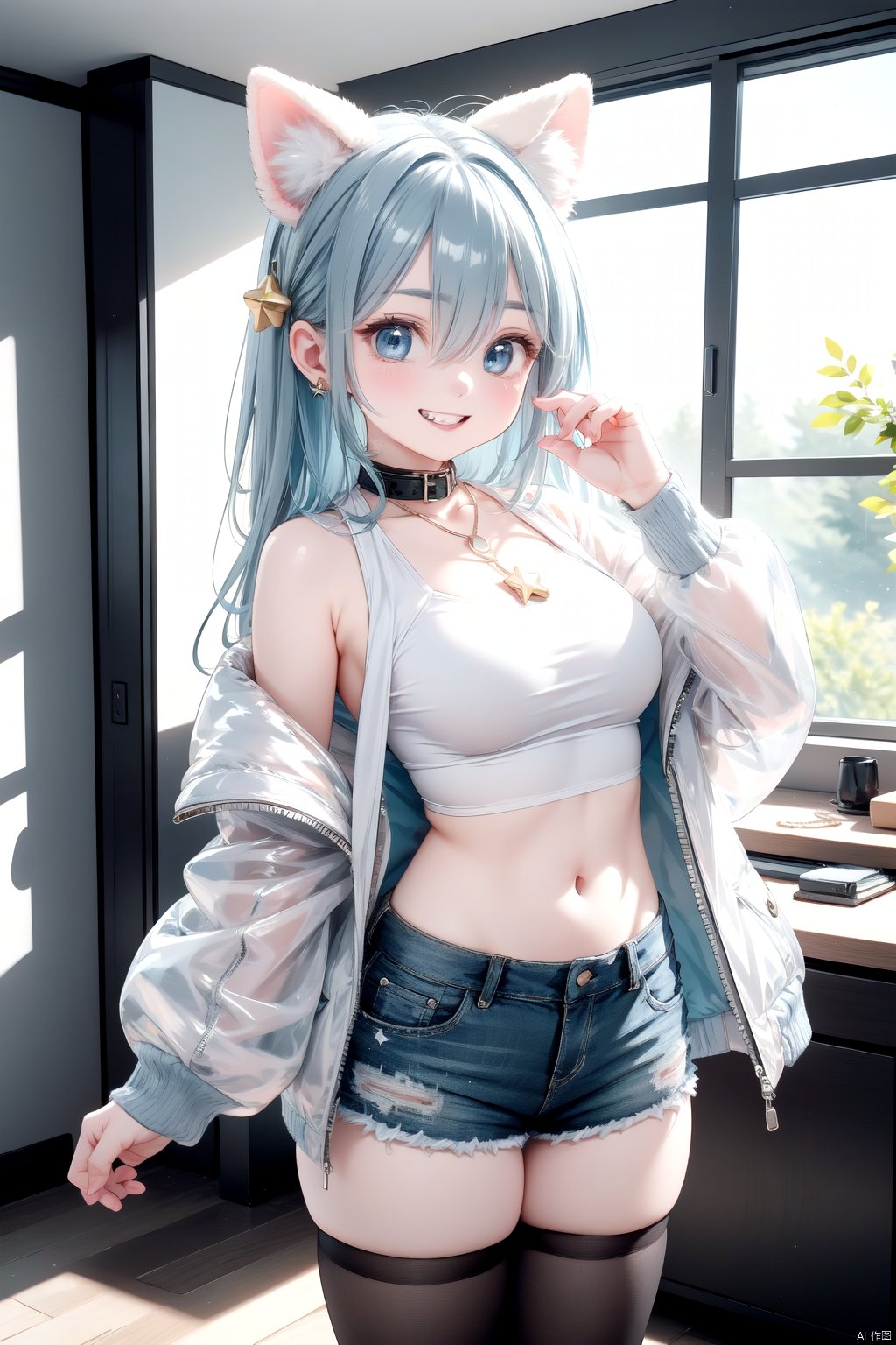 1girl, animal ears, bell, black thighhighs, blue eyes, blue hair, collar, collarbone, crop top, drawer, hair between eyes, heart, jacket, jewelry, jingle bell, long hair, long sleeves, looking at viewer, neck bell, necklace, one side up, open clothes, open jacket, open shorts, puffy long sleeves, puffy sleeves, red collar, short shorts, shorts, sleeveless, sleeveless jacket, smile, star (symbol), star necklace, thighhighs, transparent, upper teeth only, very long hair, white jacket, white shorts, sparkle