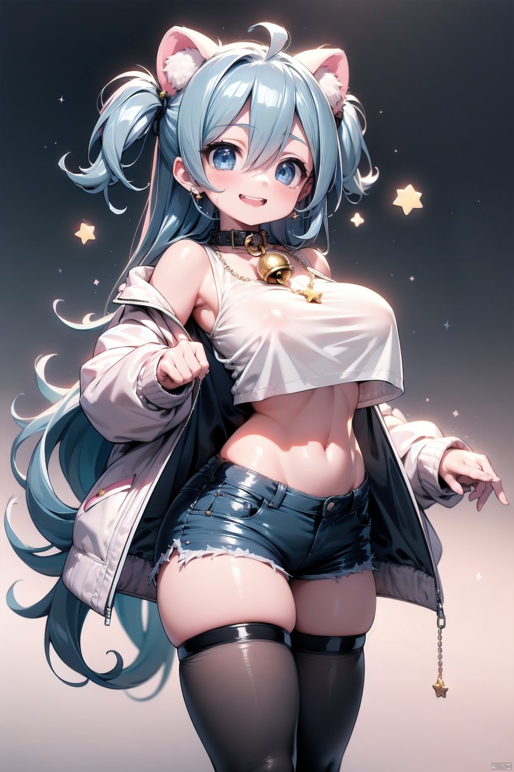 1girl, animal ears, bell, black thighhighs, blue eyes, blue hair, collar, collarbone, crop top, drawer, hair between eyes, heart, jacket, jewelry, jingle bell, long hair, long sleeves, looking at viewer, neck bell, necklace, one side up, open clothes, open jacket, open shorts, puffy long sleeves, puffy sleeves, red collar, short shorts, shorts, sleeveless, sleeveless jacket, smile, star (symbol), star necklace, thighhighs, transparent, upper teeth only, very long hair, white jacket, white shorts, sparkle