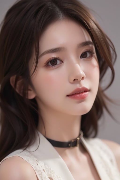 1girl
solo
brown hair
looking at viewer
closed mouth
grey background
collar
lips
realistic ,beauty,yui,masterpiece,best quality,1 girl,ykm,1girl,nsg 