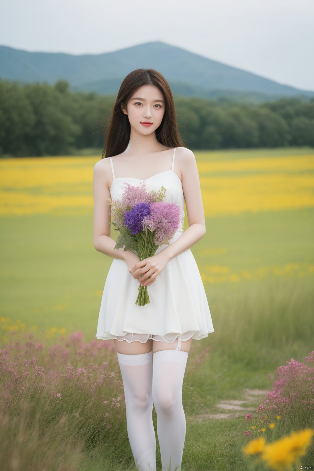  1girl,solo,smile,wearing a JK and holding a bouquet of vivid wildflowers,standing in a field of tall grass with a soft breeze blowing through. The scene should capture the whimsical and carefree style of Sakimichan,with a sense of peace and tranquility in the air
best quality,masterpiece,cute:1.2, FUJI, mLD, hy, white thighhighs,The background should be clear