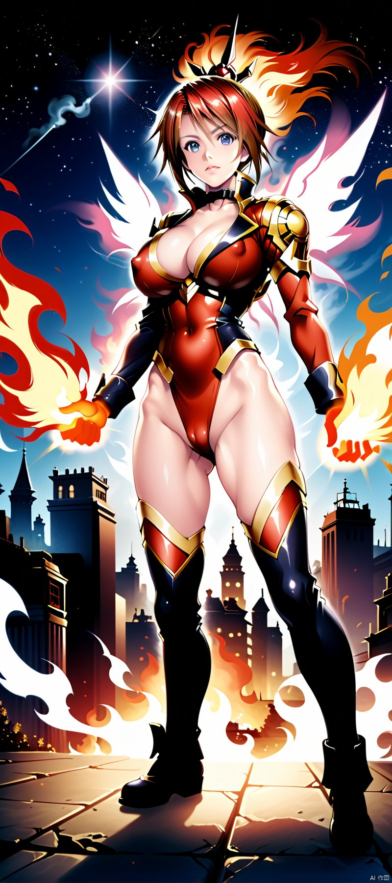 1 girl, masterpiece, top quality,phoenix dark is x-men, beautiful and aesthetic:1.2, (1girl:1.3), (full body:1.5),red suitbody ,looking at viewer,fire hair, extreme detailed,(fire hands:1.5),fire,smoke,goddess, detailed, detail fingers, detail face, masterpiece,ultra realistic,32k,extremely detailed CG unity 8k wallpaper, best quality, Cinematic photography, movie mood, cinematic light, compelling composition, storytelling elements, conveys emotion, mood, and narrative depth, creating visually striking images that feel like still frames from a film, Cinematic portrait photography, capture subject in a way that resembles a still frame from a movie, cinematic lighting, story, narrative quality, drawing viewers into the scene and evoking a sense of cinematic immersion, capturing emotion, professional, engaging, compelling composition, night photography, nocturnal beauty, city lights, starry skies, celestial wonders, moonlit landscapes, urban glow, capturing the essence of darkness, ethereal atmosphere, dramatic shadows, magical ambiance, long exposure techniques, expert use of light sources, Heavenly Breasts,COLORFUL GRADIENT,score_9_up score_8_up score_7_up,DAMIMI,Spear and Shield,UTASHIMADG fishnets mecha leotard armor, HKMAGIC,