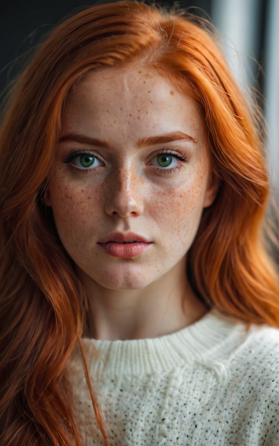 (best quality, 4k, 8k, highres, masterpiece:1.2), ultra-detailed, photorealistic, photography, 1girl, solo, long hair, looking at viewer, green eyes, orange hair, blurry, sweater, lips, eyelashes, blurry background, portrait, freckles, realistic, white sweater