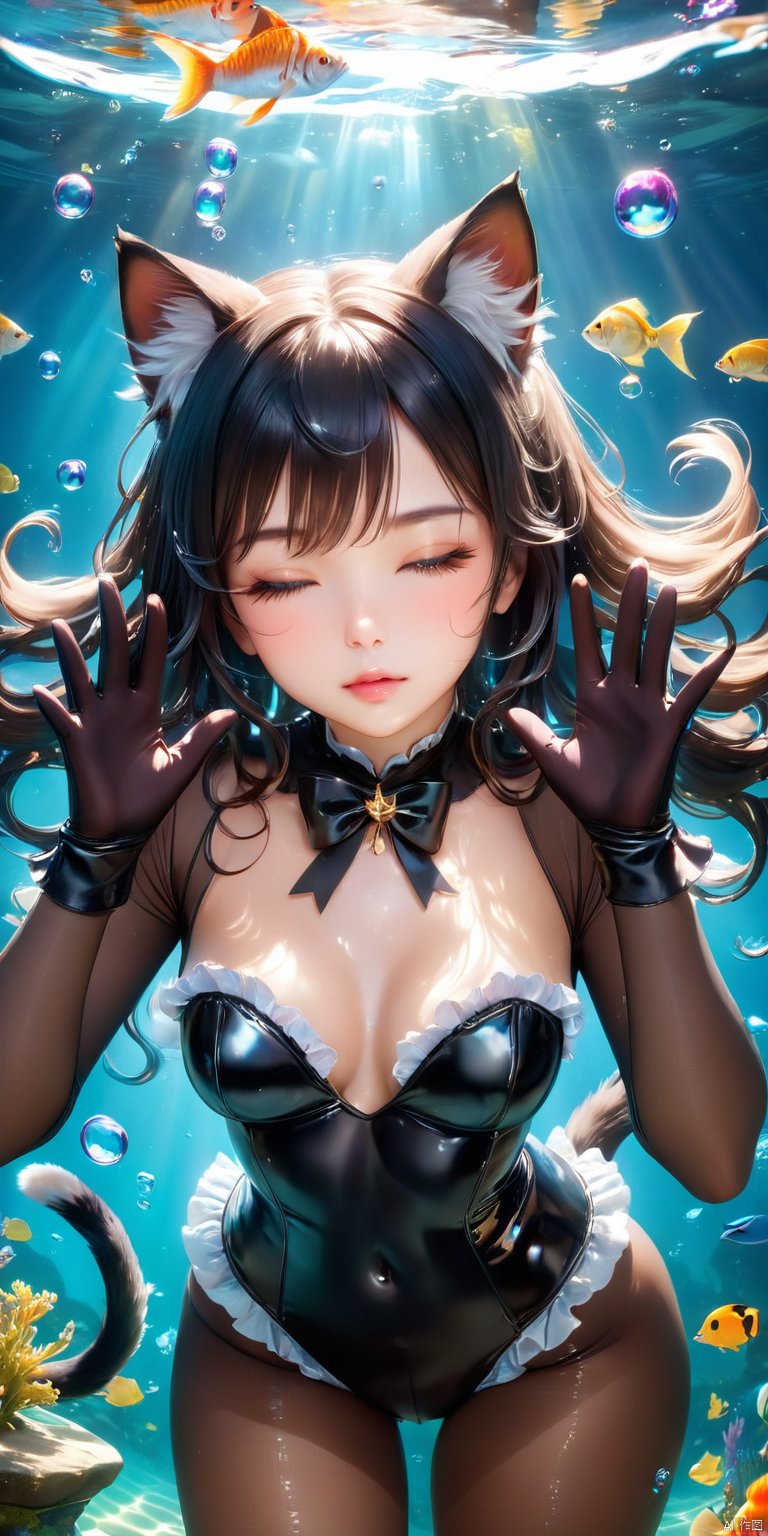  HD, CG, extreme details, fairy style, fisheye lens, exquisite facial features, clear pupils, moist lips, ((4k,masterpiece,best quality)), professional camera, 8k photos, wallpaper Masterpiece, best quality, extremely fine CG unified 8k wallpaper, very fine, texture, fine details, extremely fine and beautiful, delicate and beautiful face, best shadow, official art, correct body proportions, Ultra High Definition Picture, master composition)), (bust:1.2), (best hands details:1.4), (good hands:0.5), 1girl, animal ears, cat ears, solo, pantyhose, closed eyes, underwater, card, fish, bow, long hair, frilled leotard, gloves, air bubble, long sleeves, cat girl, bubble, black pantyhose, leotard, breasts, black gloves, parted lips, frills, black leotard, cat tail, submerged, two-tone gloves, animal ear fluff, small breasts, playing card, cowboy shot, star symbol, hands up,lnt, def clothe, 
, ((super detailed details)), ultra- high resolution, 8k, fisheye lens, beautiful, xihua