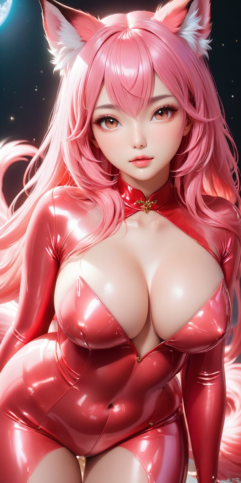 HD, CG, extreme details, fairy style, fisheye lens, exquisite facial features, clear pupils, moist lips, ((4k,masterpiece,best quality)), professional camera, 8k photos, wallpaper Masterpiece, top CG rendering, highest painting Quality, ultra-clear, looking up, (((Nine-tailed vixen))), long pink hair, delicate fox ears, smooth hair, exquisite appearance, clear face, ((blushing face) ), clear eyes, long eyelashes, clear pupils, real glossy lips, light makeup, hot body, sexy, rosy skin, plump breasts, sexy long legs, (((whole body is shiny Latex coat))), ((carved latex coat is moist and shiny)), realistic, (((nine long pink fox tails))), close-up photo, the moon, is rendered to perfection, lifelike, real Texture, real photos, cinematography, high quality, studio lighting, top lighting, side backlighting, backlighting, telephoto, deep depth of field, large depth of field, ultra clear, 8k quality, xihua