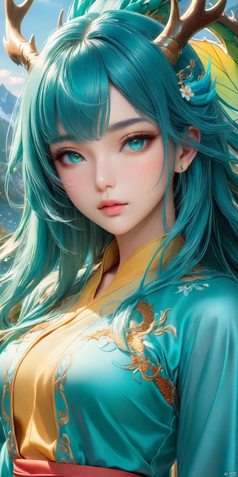 HD, CG, extreme details, fairy style, fisheye lens, exquisite facial features, clear pupils, moist lips, ((4k,masterpiece,best quality)), professional camera, 8k photos, wallpaper, 8K resolution, best quality (Masterpiece), best quality, stunning woman, youthful and beautiful beauty, (bishoujo), masterpiece, best quality, official art, extremely detailed CG, 8k wallpaper, game_CG, highest quality, ((Beauty) ), ((beautiful facial features)), (long turquoise hair), small and exquisite (((antlers))), exquisite and beautiful face, beautiful eyes, ((turquoise pupils)), ( (Sharp eyes)), delicate and small nose, ((charming light-colored lips with gloss)), good figure, ((heroic appearance)), ((turquoise silk embroidered tight-fitting Hanfu)), ((embroidered training clothes)), (turquoise silk embroidered Han pants), (dragon wrapped around)), (slender dragon tail)), (turquoise embroidered dragon cloak)), (majestic background) , 8K resolution, (masterpiece), best quality