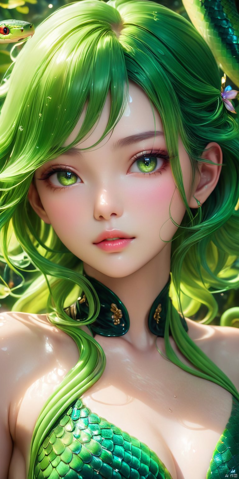 HD, CG, extreme details, fairy style, fisheye lens, exquisite facial features, clear pupils, moist lips, ((4k,masterpiece,best quality)), professional camera, 8k photos, wallpaper, Hd super definition, the highest picture quality stunning fairy masterpiece exquisite CG detailed facial description messy wet answer ((super high precision)), super details, depth of field, lens aperture, charming shape of the queen, masterpiece, extremely fine and beautiful, floating Hair, Chinese hairstyle, beautiful and delicate eyes, venomous snake, fluorescence, (((green snake))), delicate and shiny scales, viscous liquid, perfect collarbone, (((perfect body))), hot, translucent light, detailed makeup, (((人snake tail))), best quality, best quality, fantasy, close-up,)