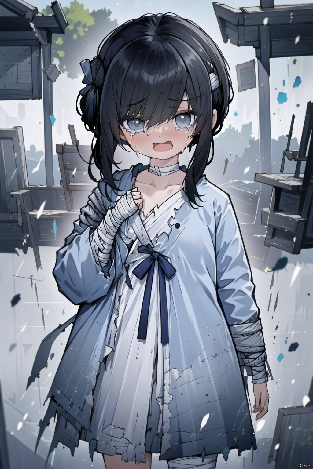 1girl, solo, long hair, looking at viewer, open mouth, bangs, black hair, long sleeves, dress, ribbon, collarbone, jacket, tears, mole, grey eyes, torn clothes, mole under eye, bandages, crying, crying with eyes open, bandaged arm, grey jacket, grey dress