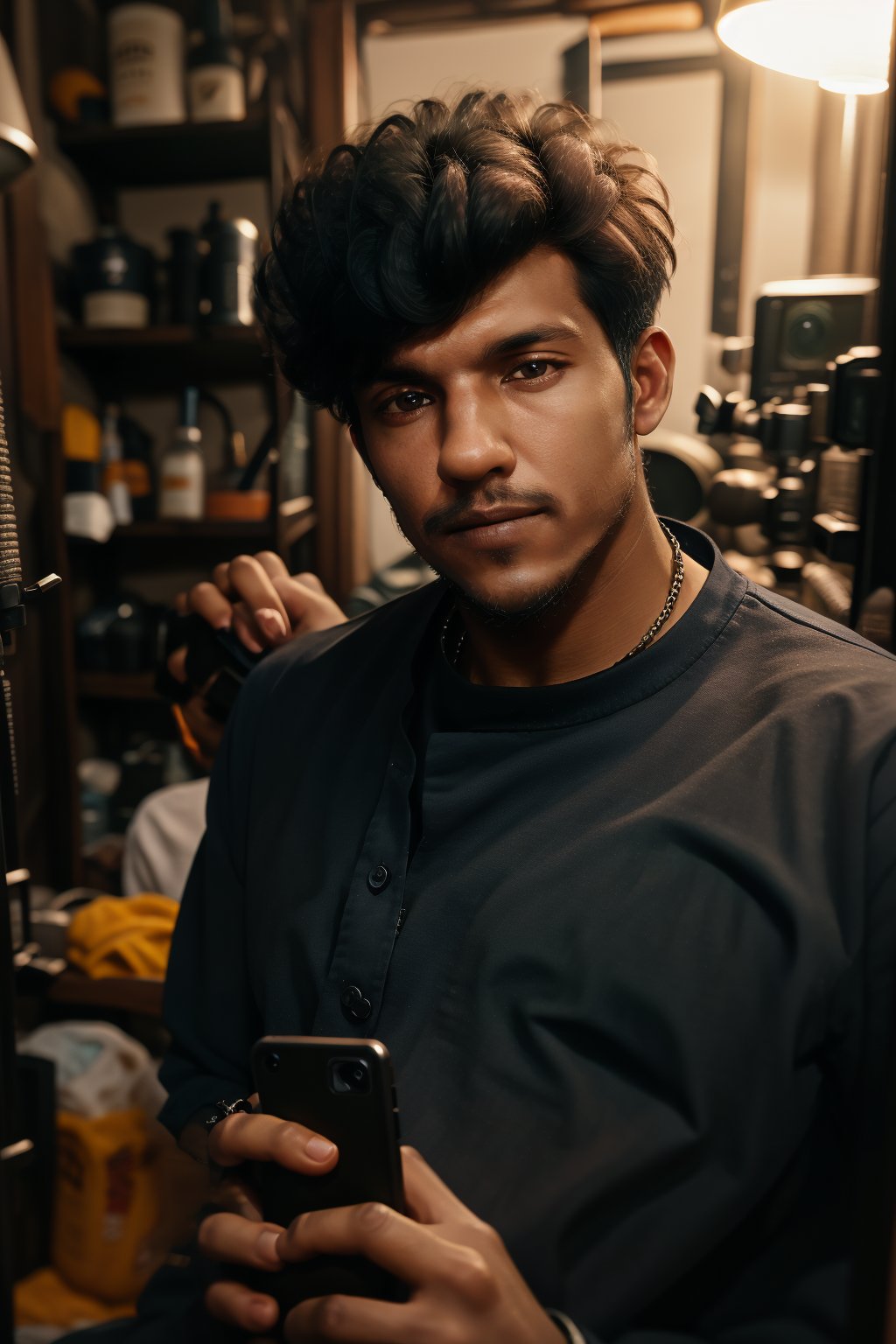 solo, shirt, black hair, 1boy, male focus, indoors, facial hair, , blue shirt, smartphone, holding phone, realistic, shot on Sony a7iii, cinematic colour grading, 