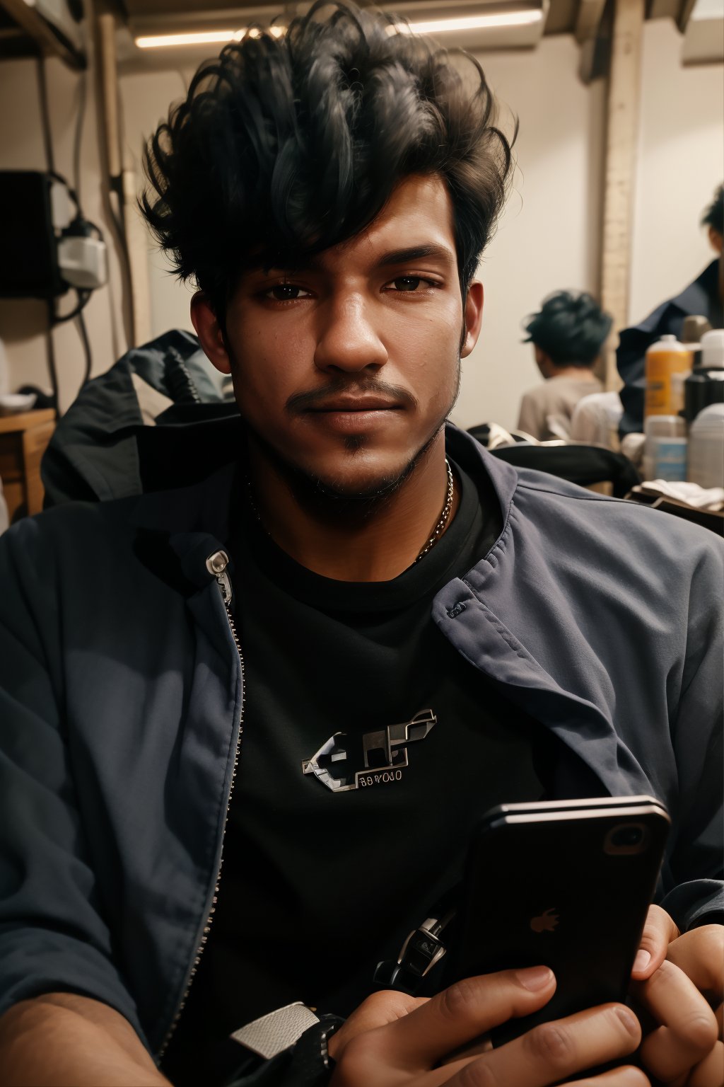 solo, shirt, black hair, 1boy, male focus, indoors, facial hair, , blue shirt, smartphone, holding phone, realistic