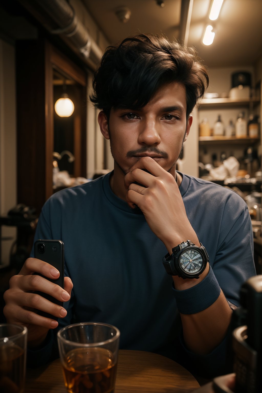 solo, shirt, black hair, 1boy, male focus, indoors, facial hair, , blue shirt, smartphone, holding phone, realistic, shot on Sony a7iii, cinematic colour grading, 