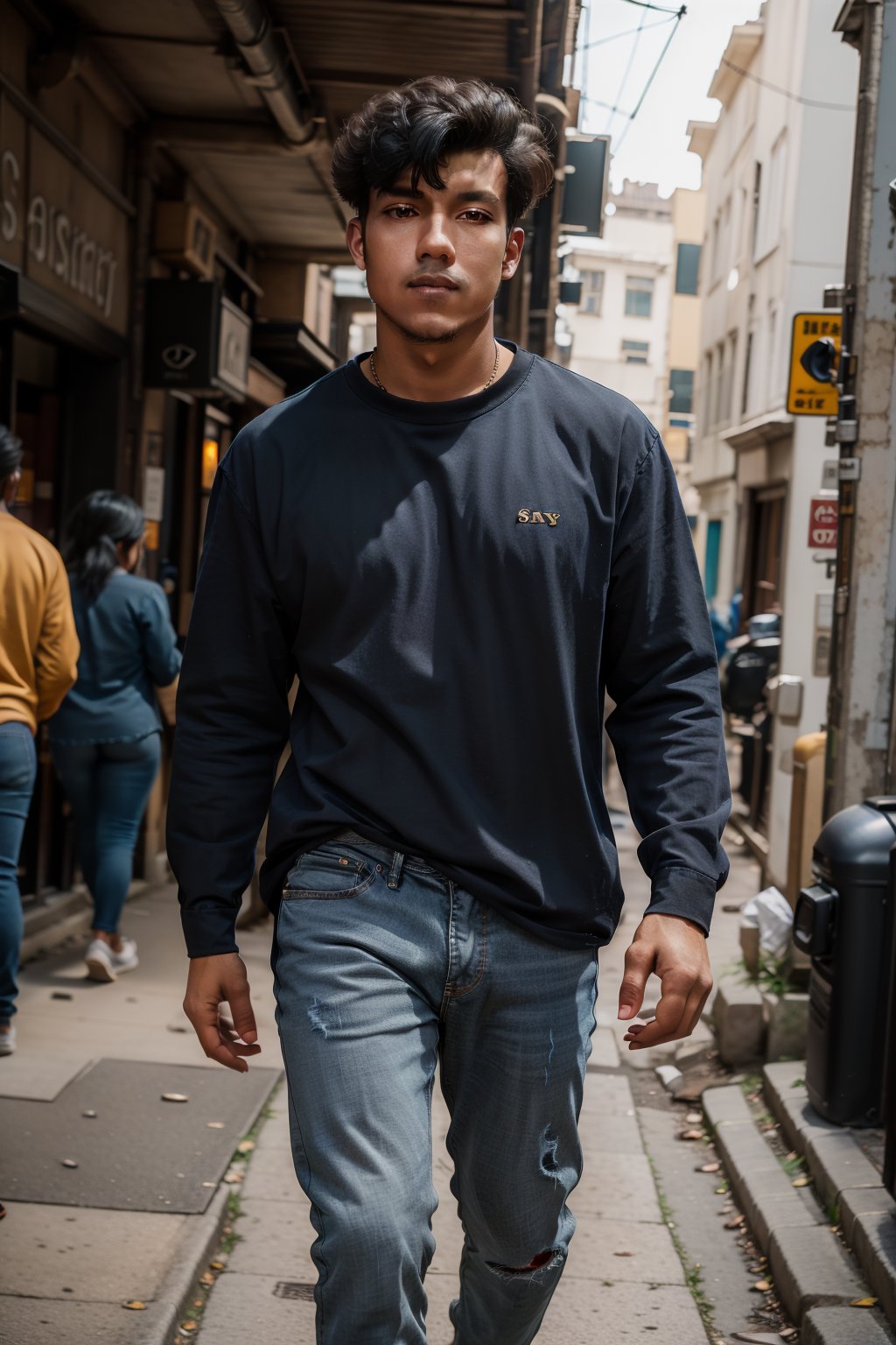 solo, shirt, black hair, 1boy, male focus, indoors, facial hair, , blue shirt, walking on street, jeans, realistic, shot on Sony a7iii, cinematic colour grading, 