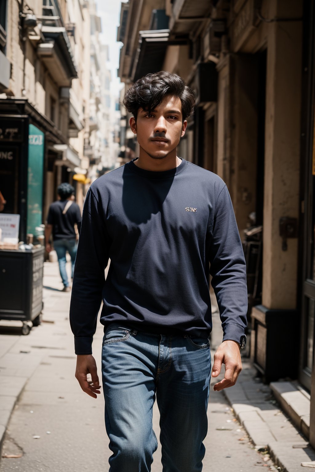 solo, shirt, black hair, 1boy, male focus, indoors, facial hair, , blue shirt, walking on street, jeans, realistic, shot on Sony a7iii, cinematic colour grading, 