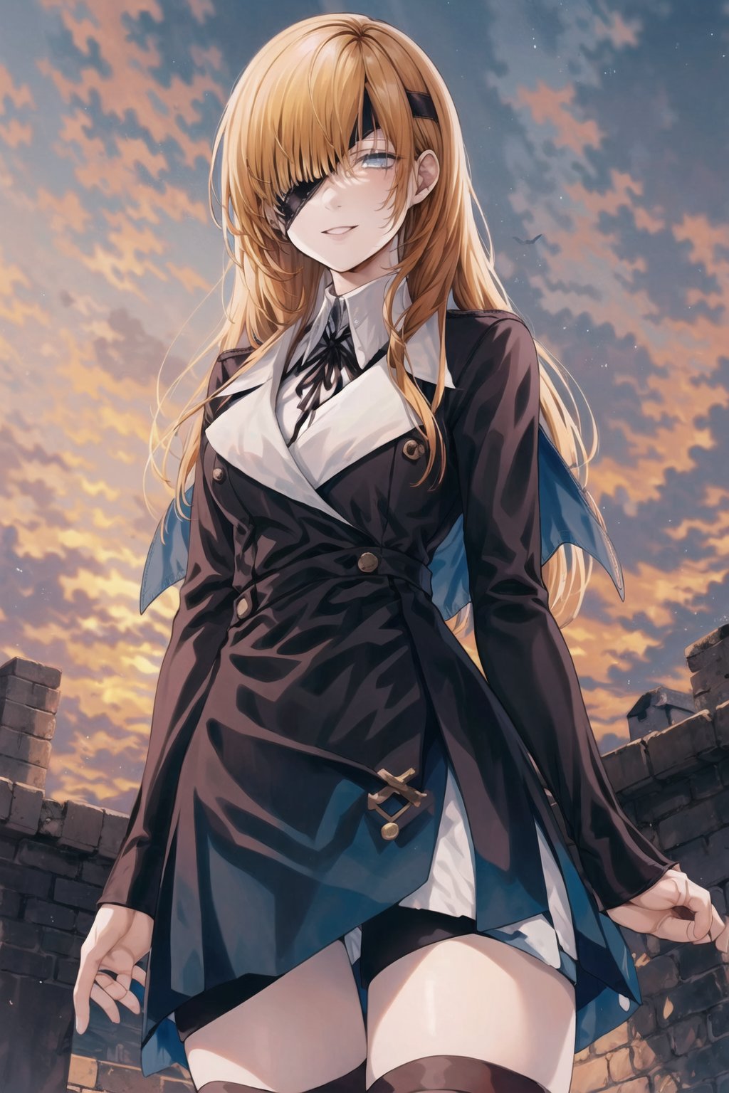 ((best quality)),  ((highly detailed)),  masterpiece,  ((official art)),((cowboy shot:1.1)),Ophelia, long hair, blue eyes, skirt, brown hair, shirt, long sleeves, ribbon, jacket, white shirt, pantyhose, boots, collared shirt, blue skirt, black jacket, black pantyhose, black ribbon, neck ribbon, brown footwear, eyepatch, knee boots, smile 