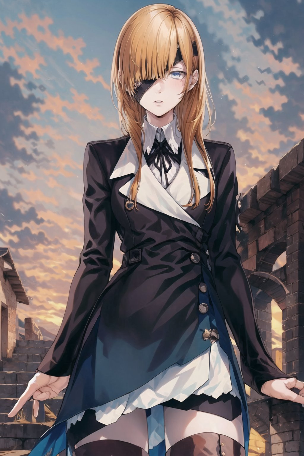 ((best quality)),  ((highly detailed)),  masterpiece,  ((official art)),((cowboy shot:1.1)),Ophelia, long hair, blue eyes, skirt, brown hair, shirt, long sleeves, ribbon, jacket, white shirt, pantyhose, boots, collared shirt, blue skirt, black jacket, black pantyhose, black ribbon, neck ribbon, brown footwear, eyepatch, knee boots