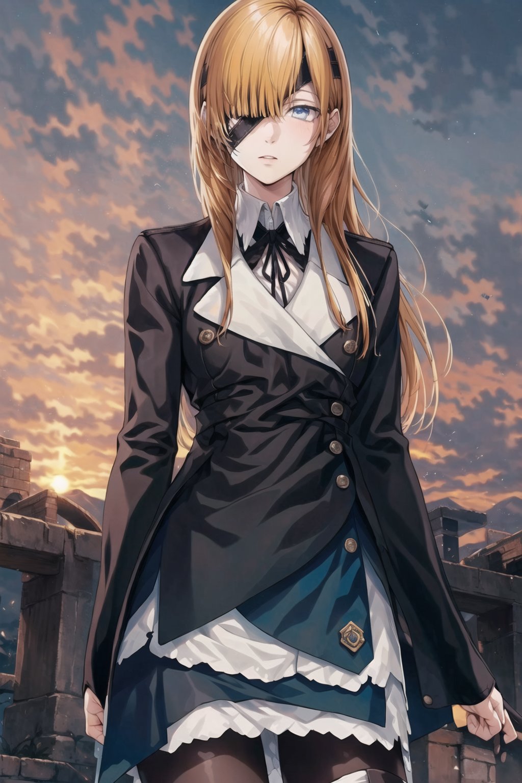 ((best quality)),  ((highly detailed)),  masterpiece,  ((official art)),((cowboy shot:1.1)),Ophelia, long hair, blue eyes, skirt, brown hair, shirt, long sleeves, ribbon, jacket, white shirt, pantyhose, boots, collared shirt, blue skirt, black jacket, black pantyhose, black ribbon, neck ribbon, brown footwear, eyepatch, knee boots