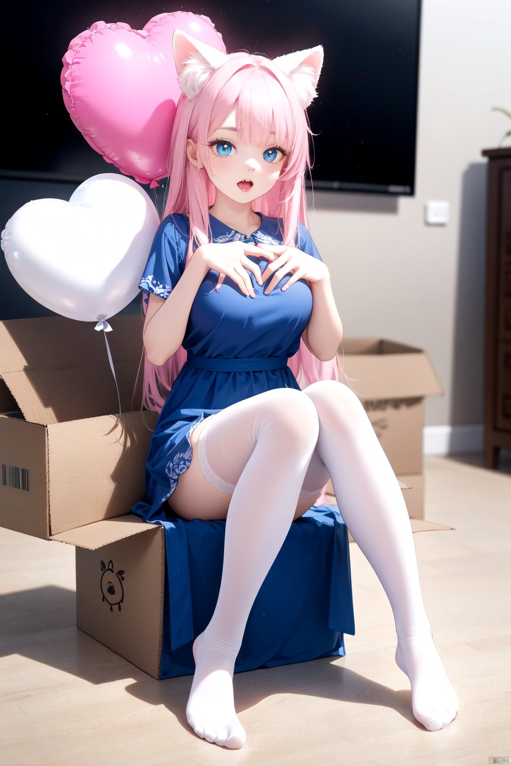  best quality,4k,8k,highres,masterpiece,ultra-detailed,realistic,photorealistic,photo-realistic,HDR,UHD,studio lighting,1girl,animal ears,balloon,blue dress,blue eyes,blue hair,box,bug,butterfly,cardboard box,cat ears,cat tail,dress,fang,feet,full body,heart,heart hands,heterochromia,insect,long hair,multicolored hair,no shoes,open mouth,pink eyes,pink hair,pink ribbon,ribbon,sitting,soles,solo,tail,thighhighs,white thighhighs,