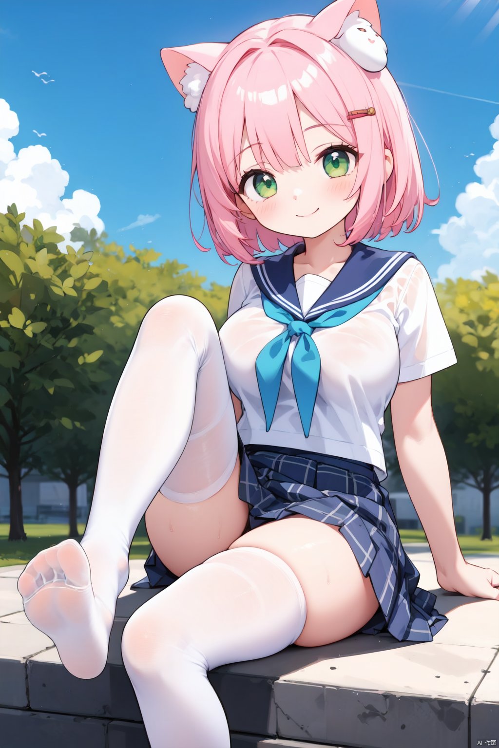 1girl, arm support, blue sky, blush, breasts, cat hair ornament, feet, foot focus, green eyes, hair ornament, hairclip, looking at viewer, looking to the side, medium hair, pink hair, plaid skirt, pleated skirt, sailor collar, shirt, sitting, skirt, sky, smile, soles, solo, thighhighs, white shirt, white thighhighs